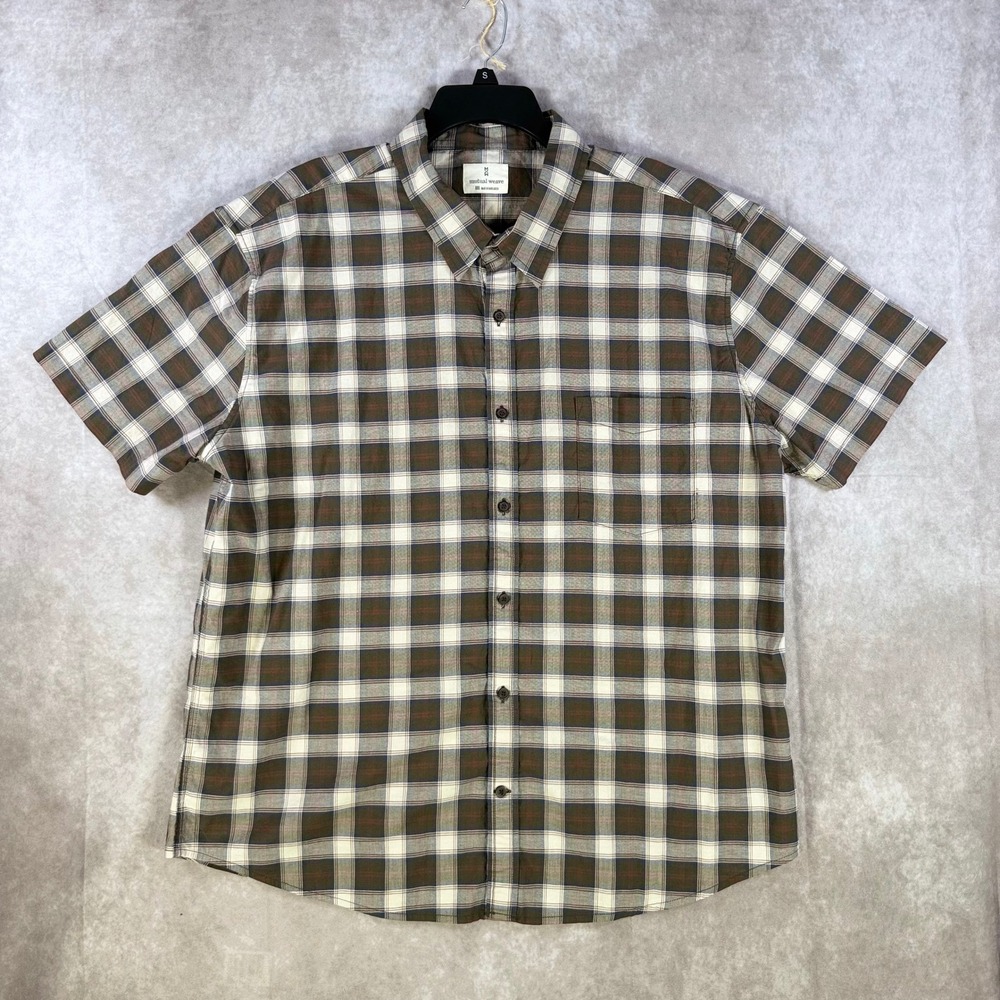 Mutual Weave Shirt Mens XXL‎ Brown Plaid Short Sleeve Cotton Stretch Button Down